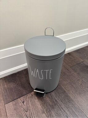 Rae Dunn Gray 'WASTE' Pedal Trash Can bathroom garbage